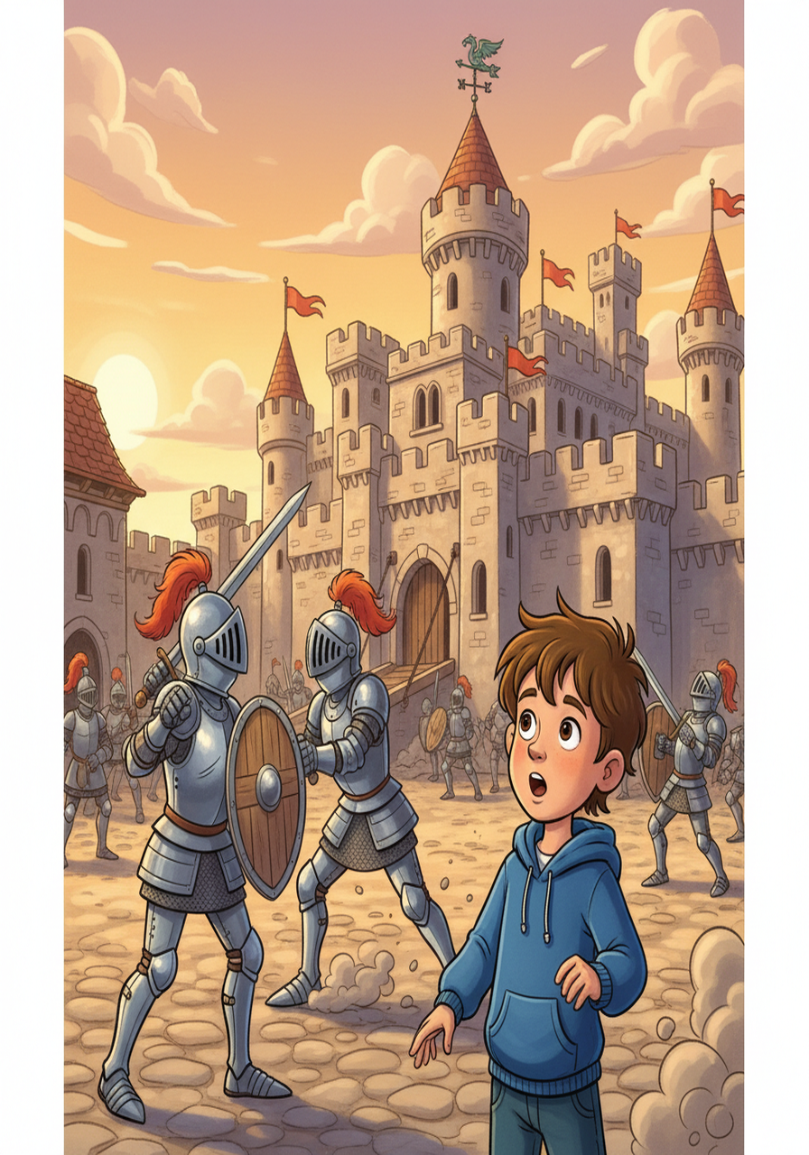 Next, Tim traveled to a medieval kingdom. He marveled at knights in shining armor and a grand castle. He watched a knight training with a sword and shield.