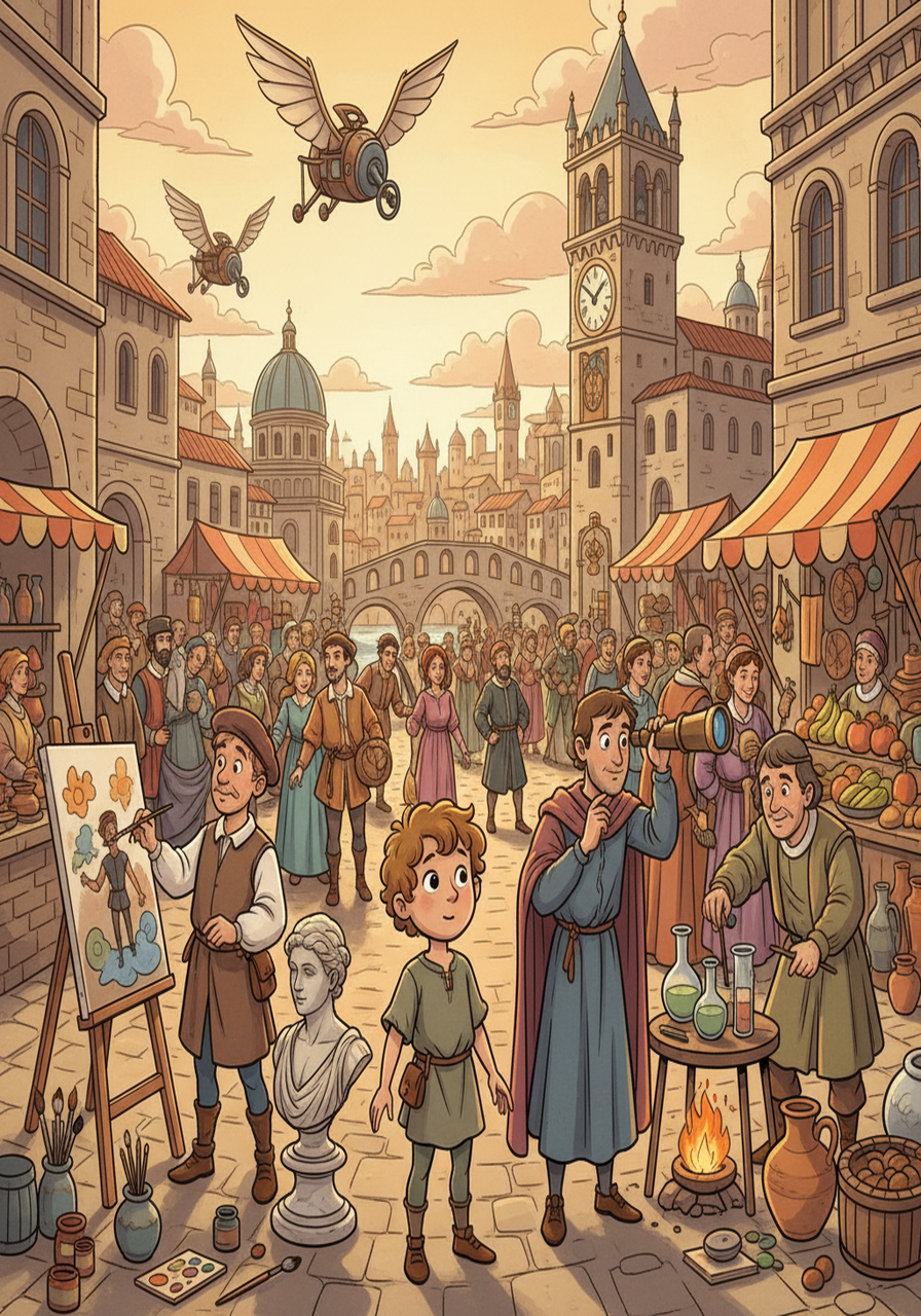 Tim's journey continued to a bustling Renaissance period. He saw artists painting, scientists experimenting, and bustling marketplaces. He observed the creativity and innovation of the time.