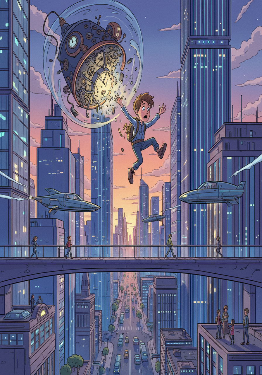 Suddenly, Tim’s machine malfunctioned, sending him spiraling through time! He landed in a futuristic city filled with flying cars and towering skyscrapers.