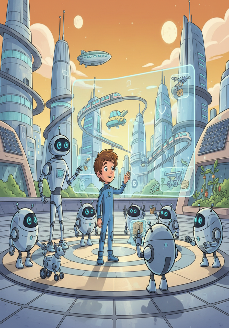 In the future, robots welcomed Tim. They showed him how technology had advanced. He learned how innovation shaped this new world.