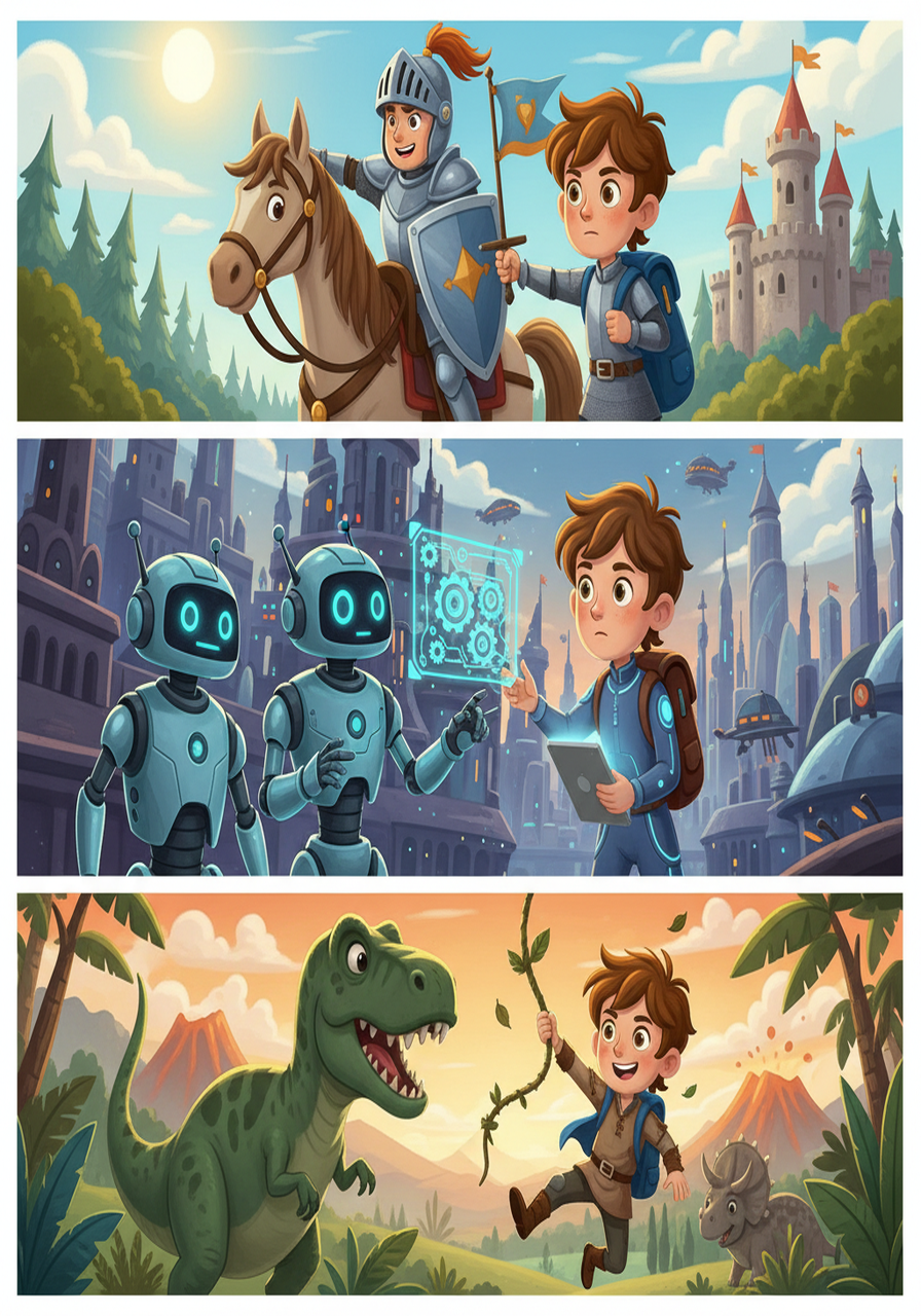 Tim encountered challenges in each time period, learning about courage from knights, innovation from future robots, and survival skills during the dinosaur era. He adapted quickly.