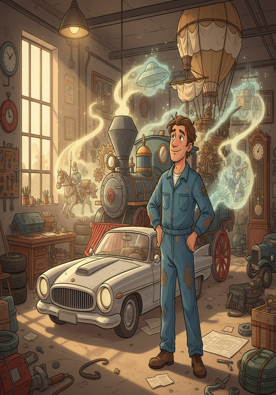 Returning to his garage, Tim now saw his creation differently. He was wiser and more appreciative of history, seeing each era's impact.