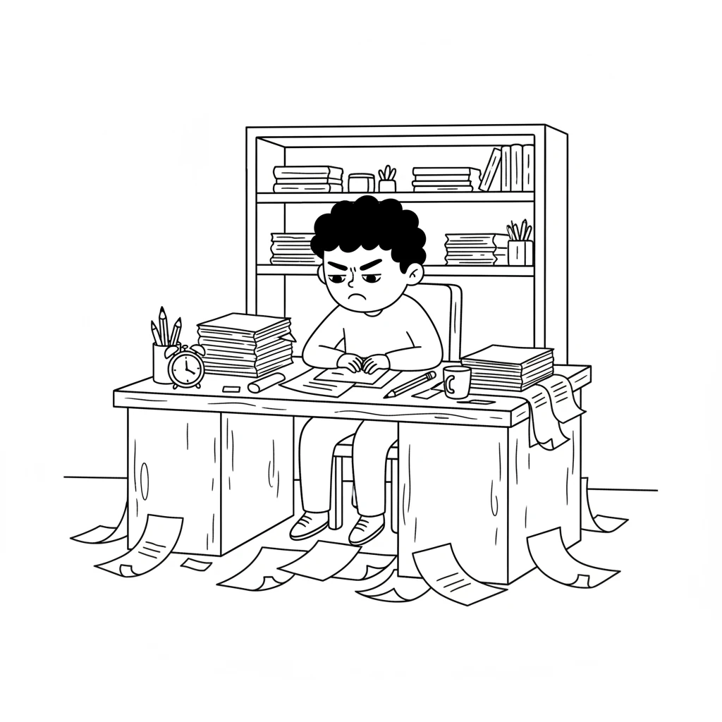 Leo sat at his cluttered desk, a frown on his face. Papers piled high, and his mind felt just as messy. He sighed, wishing for something exciting to happen.