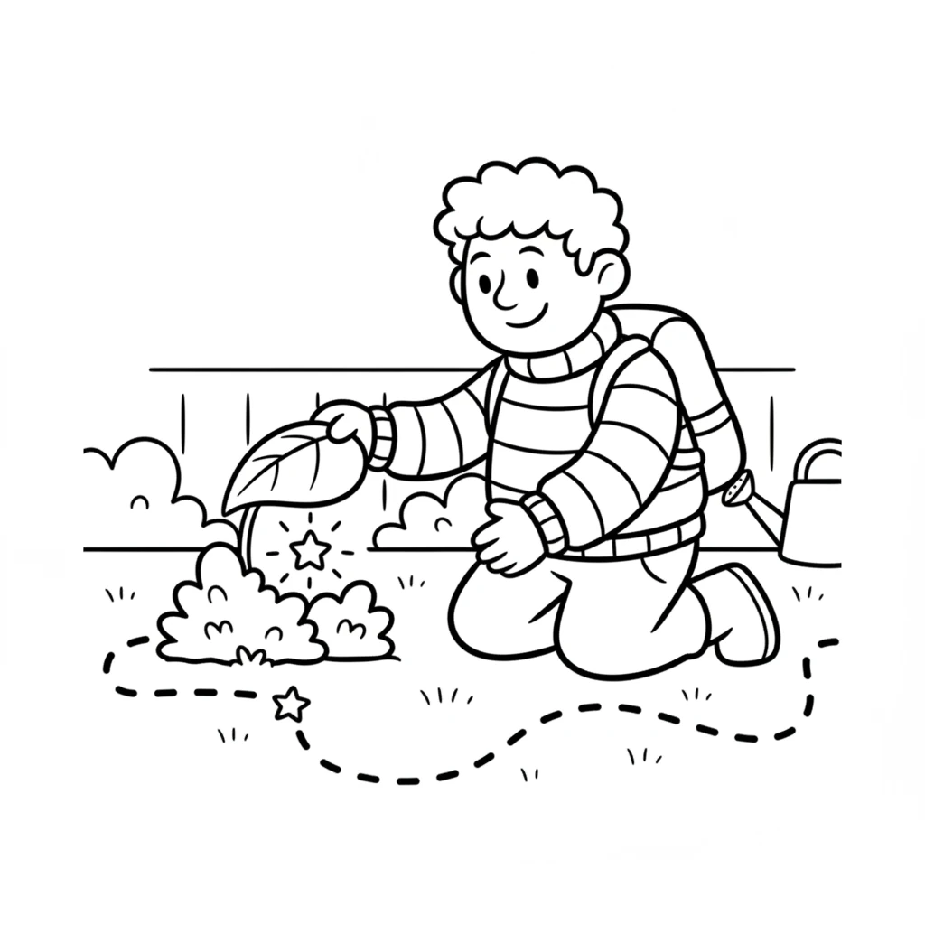 The map's first clue led Leo to his own small garden. He knelt down, following the dotted line, and found a tiny, sparkling object hidden beneath a leaf. It shimmered with a soft, inviting glow.