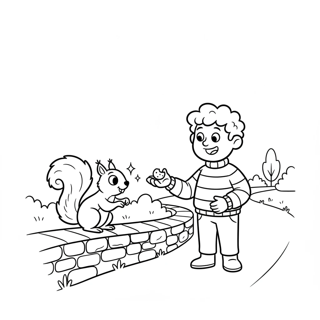 A friendly squirrel chattered excitedly, eyeing the sparkling object in Leo's hand. Leo smiled and offered a piece of his snack to the squirrel. The little creature seemed to nod, then gestured with its nose further down the garden path.