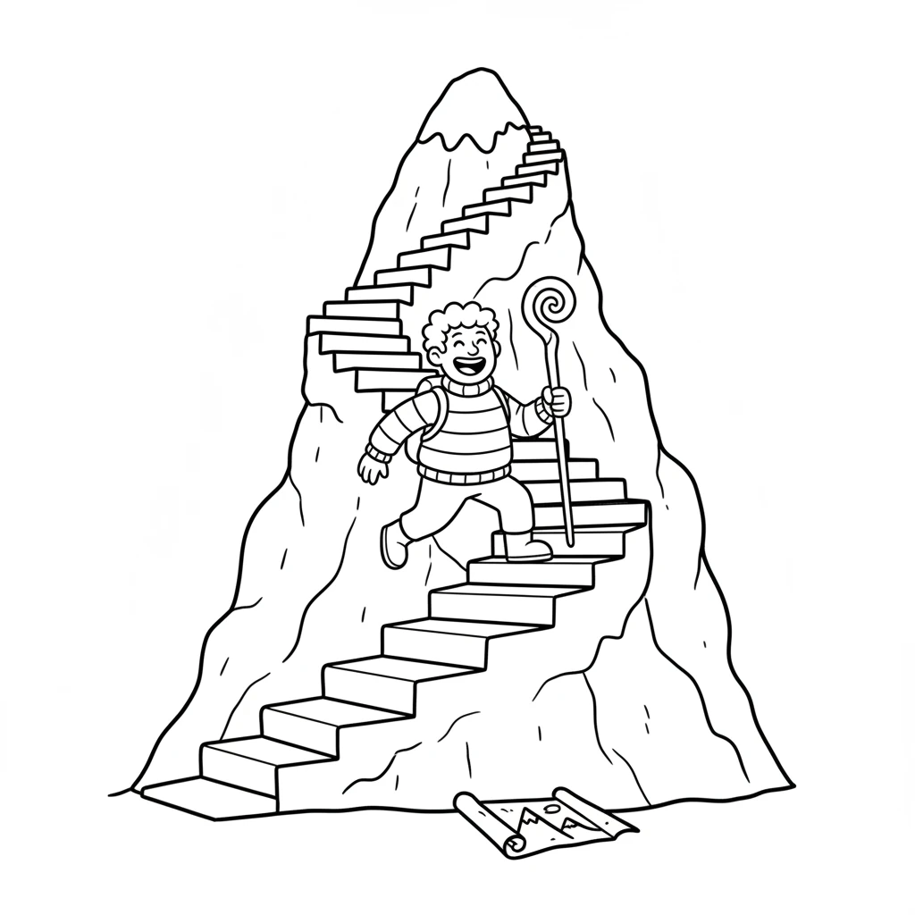 Next, the map pointed to a towering mountain. Leo looked up to see his own staircase, now transformed by his imagination. He climbed each step with a newfound spring in his stride, conquering the 'peak' with a chuckle.