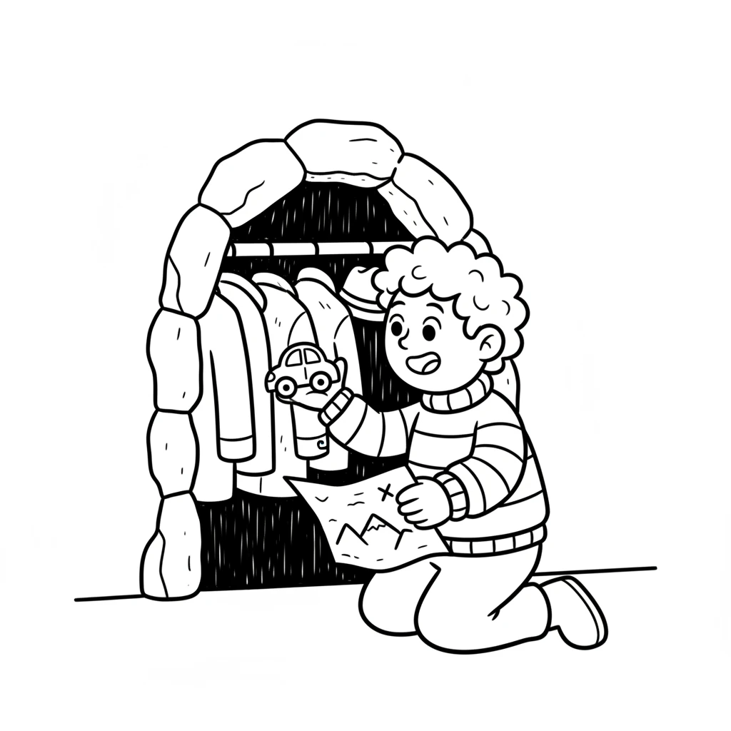 A dark cave appeared on the map, leading Leo to his hallway closet. He peered inside the shadowy opening, a sense of childlike wonder returning. Amongst old coats, he found a forgotten toy car, a relic of younger days.
