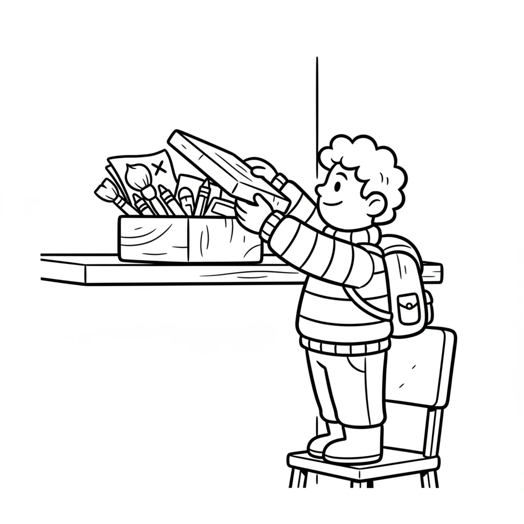 Finally, the 'X' on the map led Leo to an old, dusty box tucked away on a shelf. He carefully opened it, revealing a treasure trove of forgotten art supplies: bright crayons, soft brushes, and a stack of blank paper.