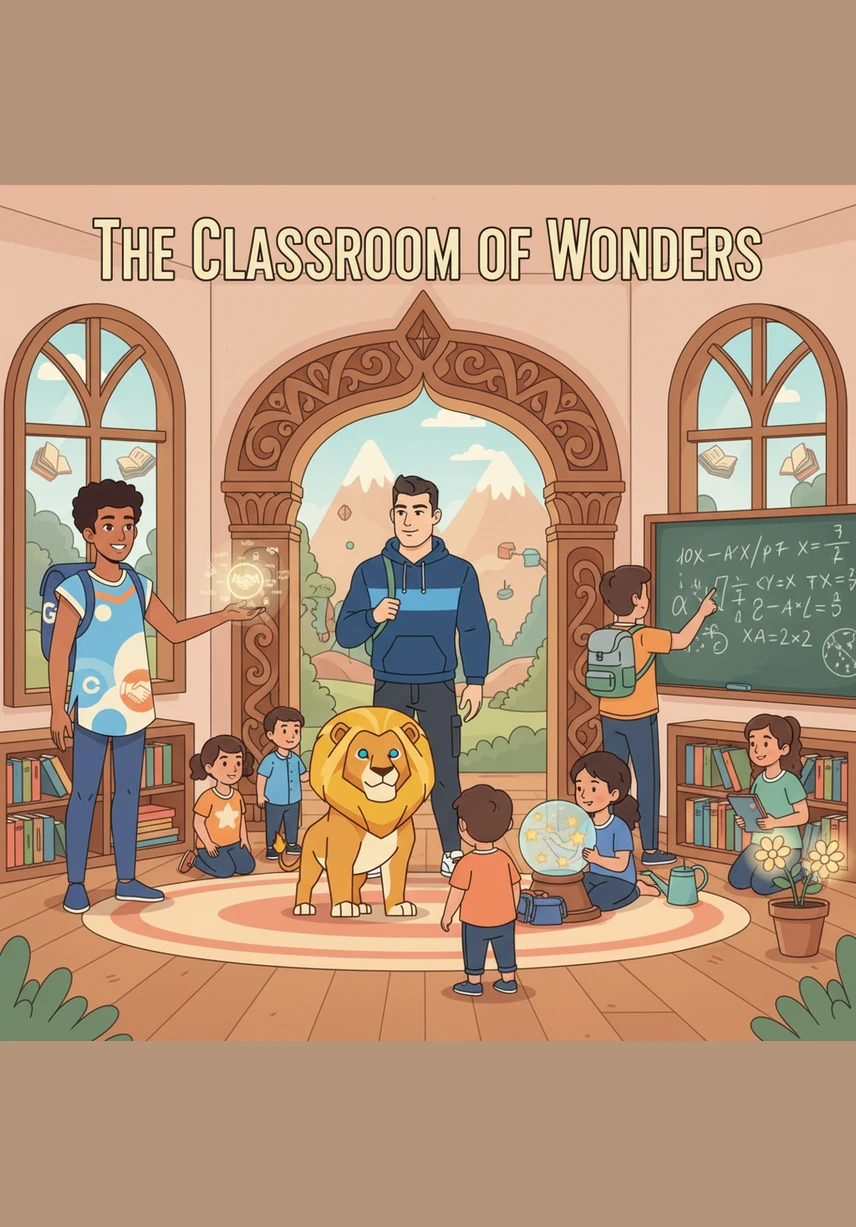 Oliver steps into the Classroom of Wonders, where floating letters of the English alphabet dance around him in a soft glow. He listens carefully as the magical chalkboard displays classroom instructions, guiding him to sit and begin his grand linguistic quest.