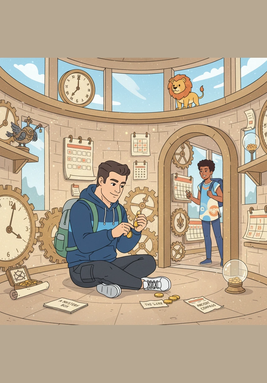Oliver enters a shimmering tower filled with ticking clocks and glowing calendars that mark the passing days and months. He counts golden coins to practice his numbers and uses articles like 'a' and 'the' to label the mysterious artifacts he finds tucked away in corners.