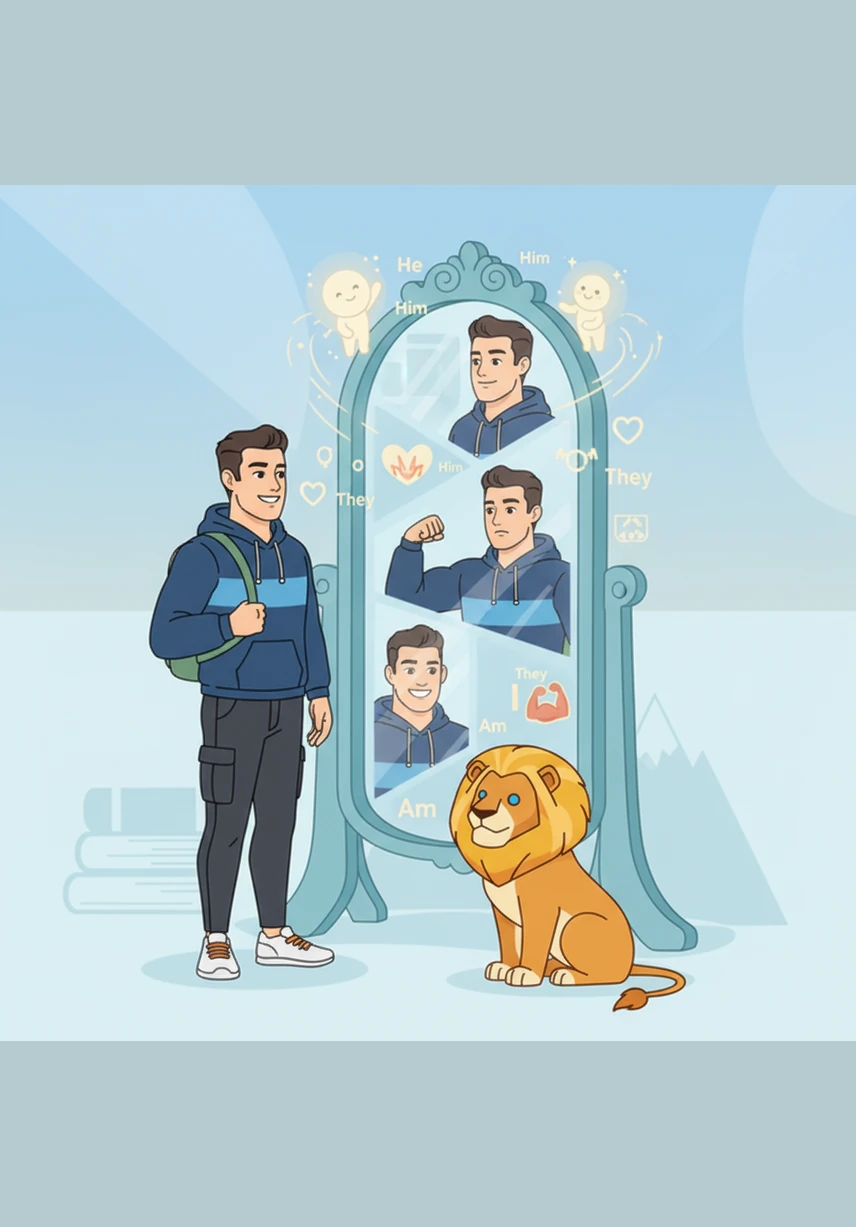 Standing before the Mirror of Identity, Oliver learns about the human body and the many pronouns that describe who he is. He practices using the verb 'to be' as his reflection changes to show his different moods and the strength of his spirit.