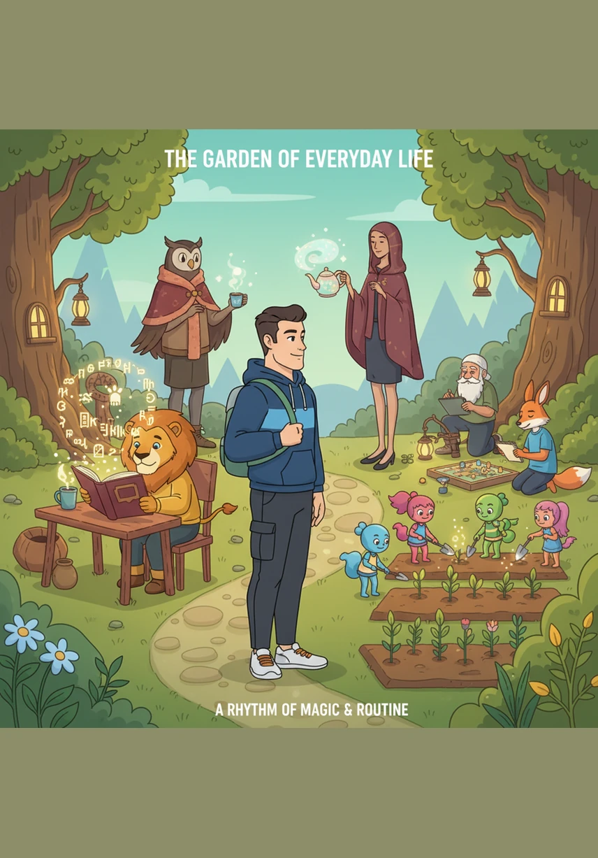 In the Garden of Everyday Life, Oliver observes the daily routines of magical creatures using the simple present tense. He gathers quantifiers like 'some' and 'many' while noticing how the plural of nouns changes the shape of the flowers blooming around him.
