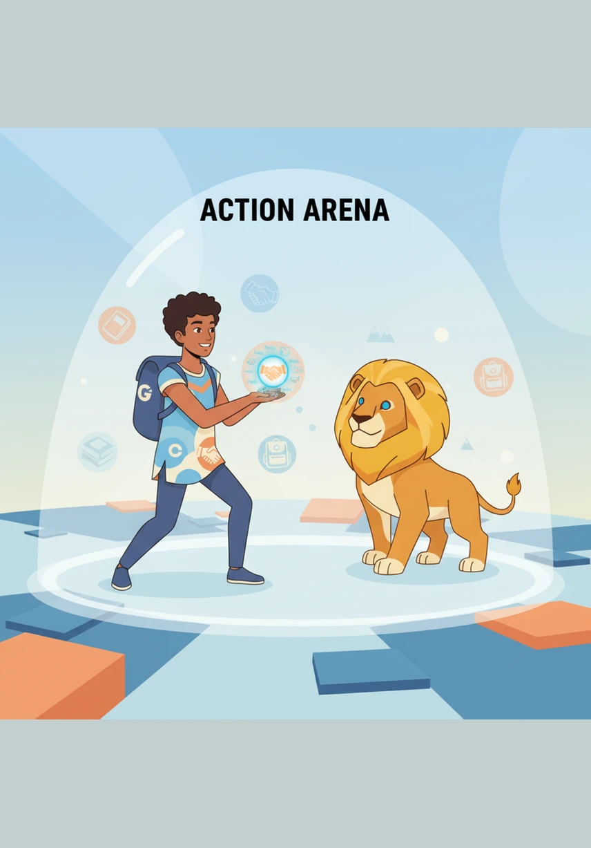 In the Action Arena, Oliver practices his gerunds while running, jumping, and climbing through a series of energetic obstacles. He learns to use modal auxiliary verbs to express what he can, must, and should do to complete his physical and mental training.