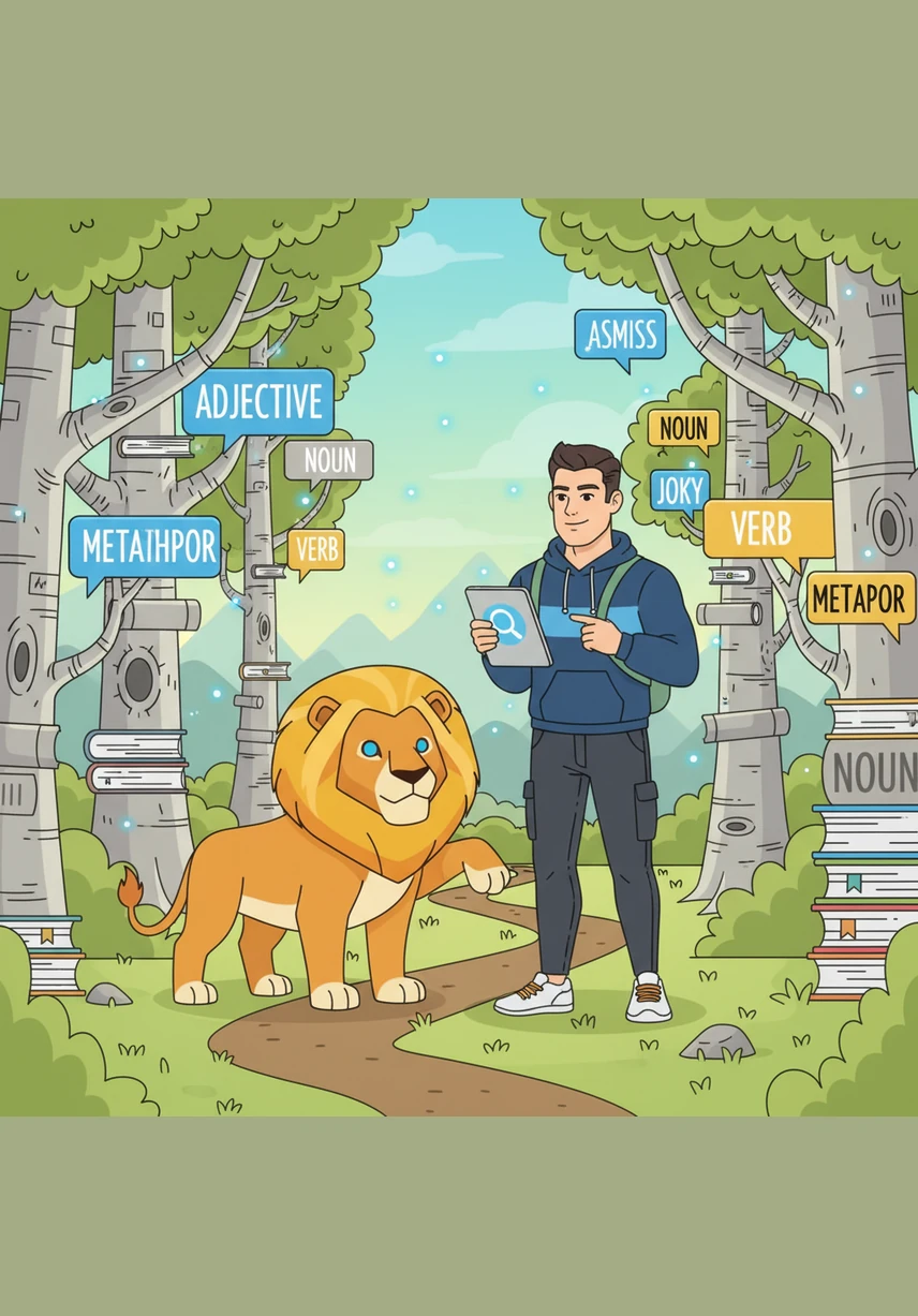 Oliver wanders through the Forest of Descriptions, where adjectives make the trees taller and the colors more vivid than anywhere else. He compares the sizes of magical plants using comparative and superlative adjectives while adverbs describe how gracefully the glowing leaves fall to the ground.