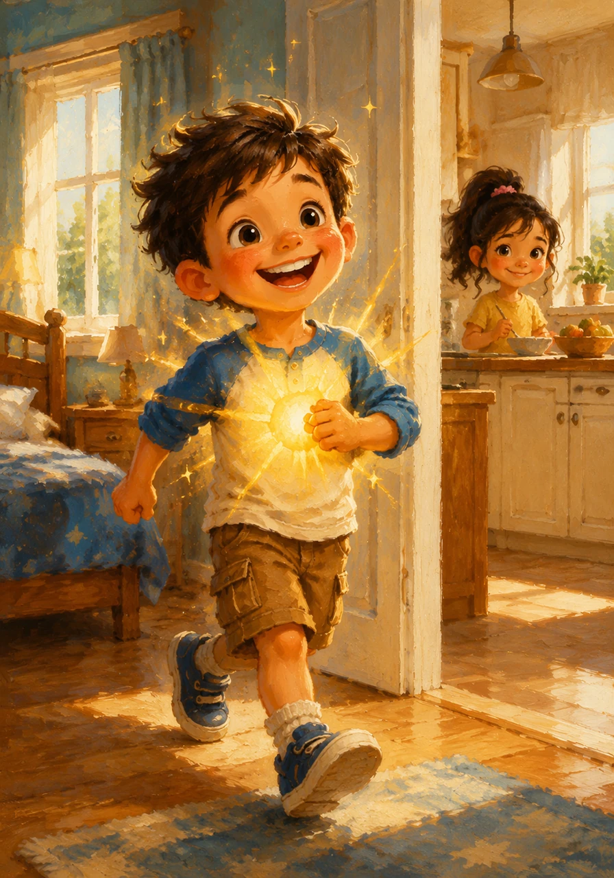 Leo woke up with a giant smile, feeling like a bright yellow sun was shining right in his chest. Everything today felt sparkly and full of promise as he skipped to the kitchen for breakfast.