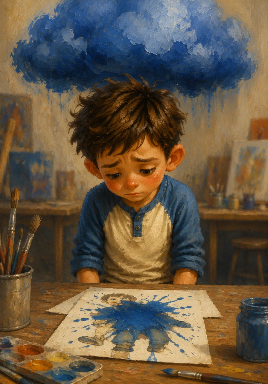 During art class, a splash of blue paint accidentally landed on Leo’s favorite drawing. A heavy, blue cloud settled over him, and his shoulders felt a little bit droopy as he looked at the mess.