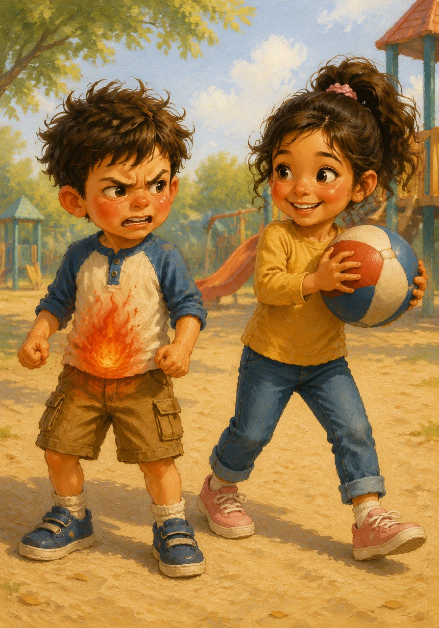 Later on the playground, a classmate grabbed Leo’s favorite ball without asking. Suddenly, Leo felt a hot, red fire bubbling up inside his tummy, making his fists clench tight and his face turn warm.