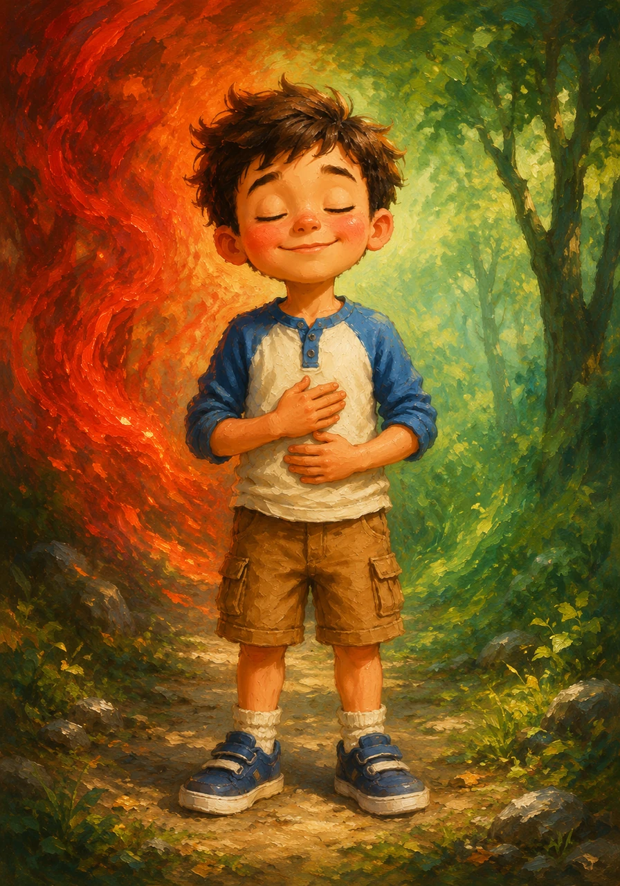 Leo remembered what his teacher said and took three slow, deep breaths, counting to four each time. The red fire began to fade into a peaceful forest green, and his muscles started to relax and feel soft again.