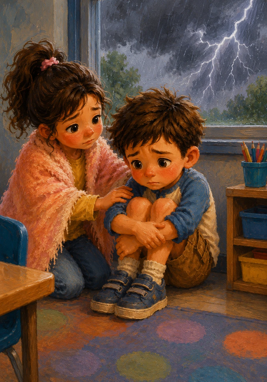 When the sky turned grey and thunder rumbled outside the classroom, Leo felt small and shaky like a purple leaf in the wind. He hugged his knees close, wondering if the loud noises would ever stop.