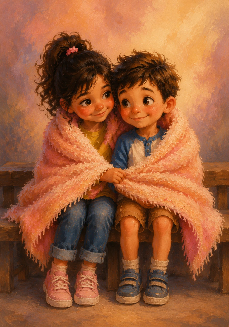 His best friend Mia sat down beside him and shared her soft, fuzzy blanket. The purple fear began to melt away, replaced by a cozy pink glow of friendship and the feeling of being safe.