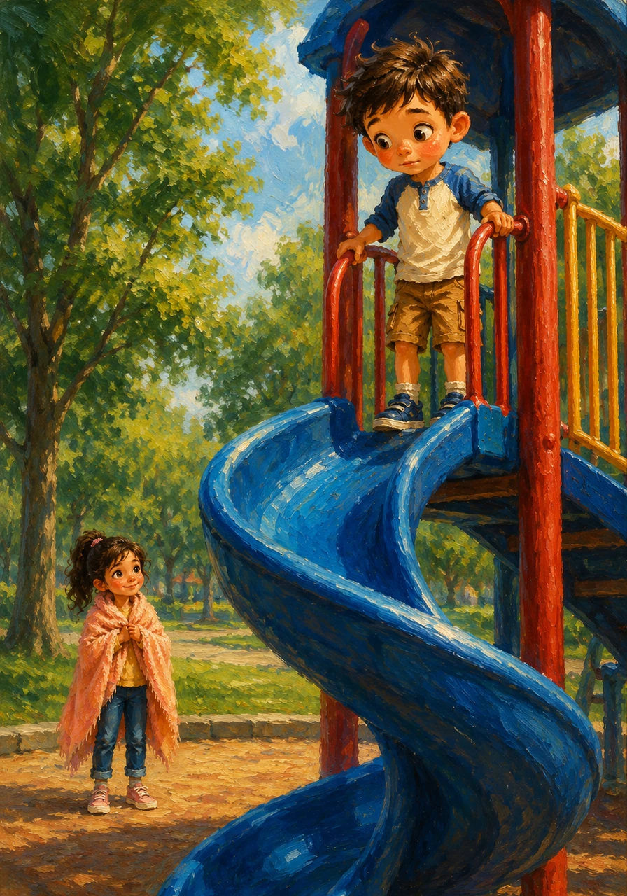 At the park, Leo looked up at the very top of the big, twisty slide and felt a tingle of nervous orange in his toes. He took a brave step forward, climbed the ladder, and felt a rush of wind as he zoomed down.
