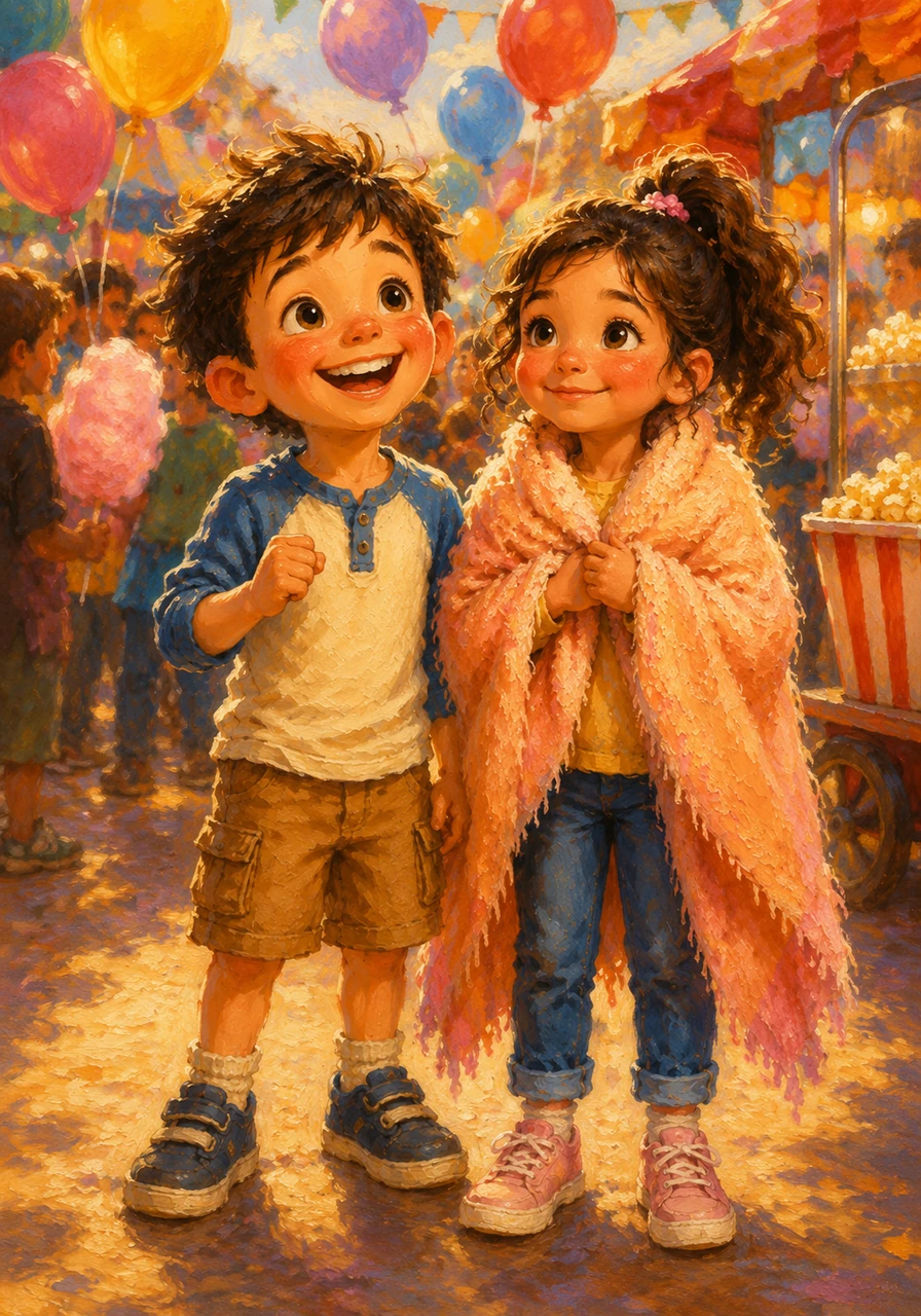 It was time for the school fair, and Leo’s heart did a happy dance of bright gold excitement. There were balloons, music, and the sweet smell of popcorn everywhere he turned, making him want to jump for joy.