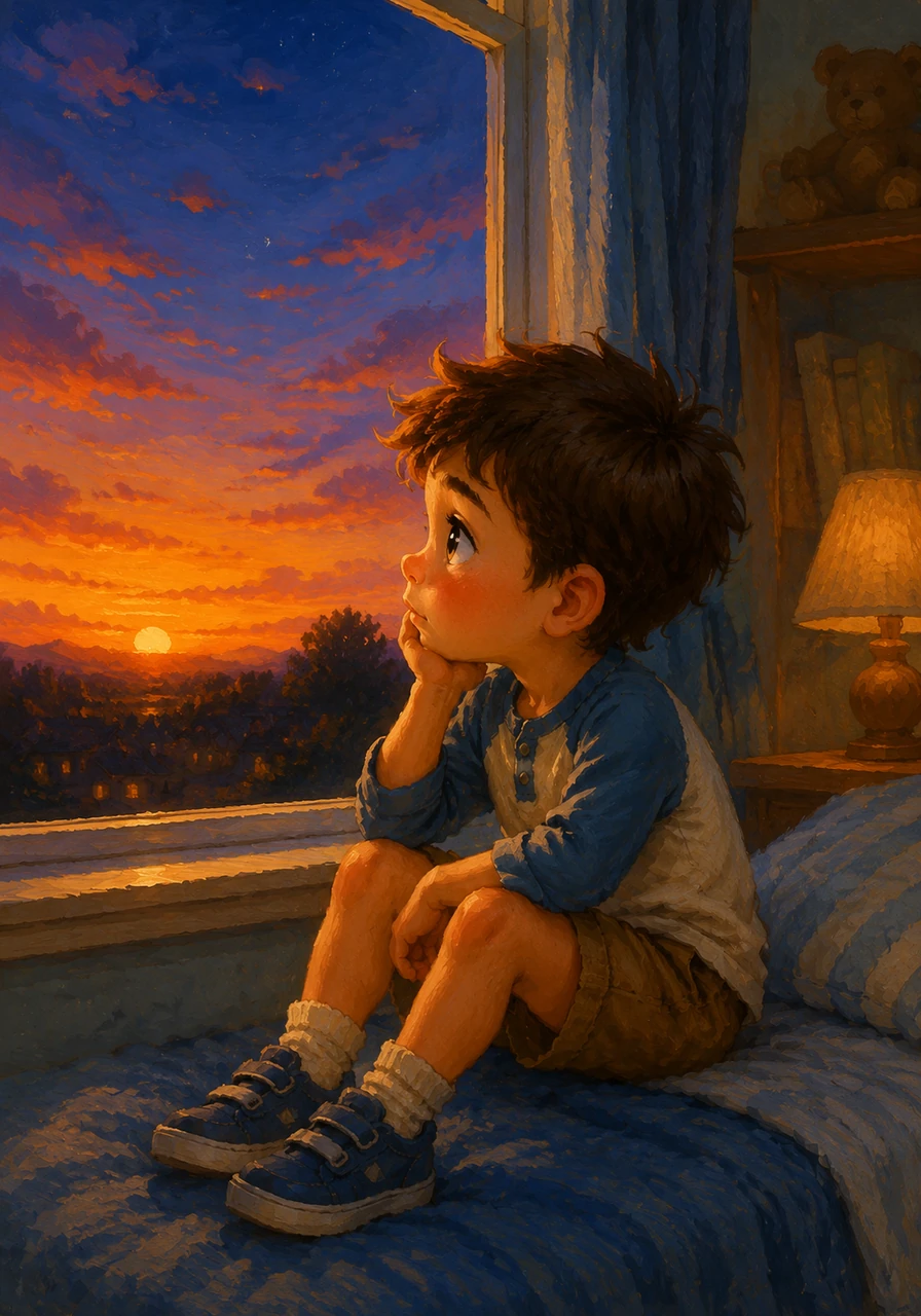 As the sun began to set, Leo sat by his window watching the colors of the sky change from orange to deep indigo. He thought about all the different feelings he had carried throughout his busy day.
