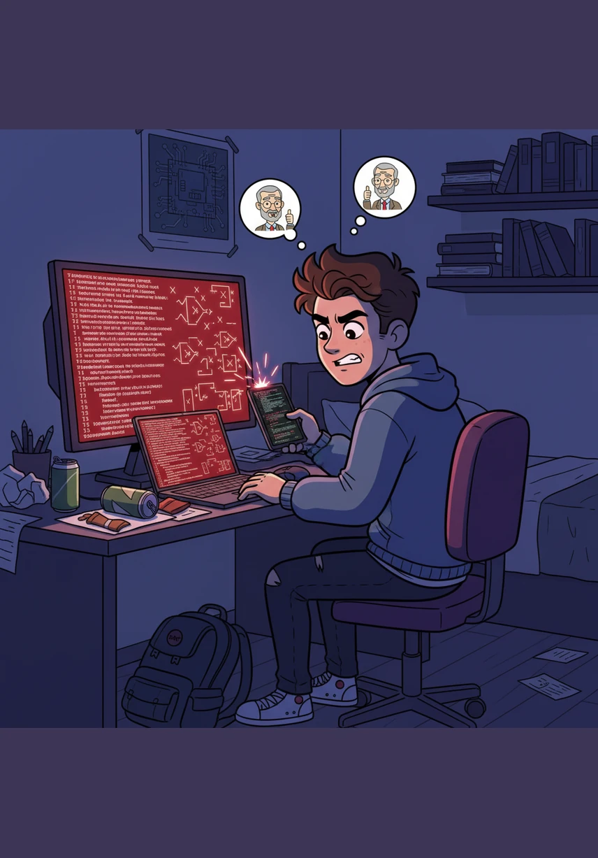 Back in his bedroom, Caleb stared intensely at his screen, which was flooded with a sea of red error messages. His ambitious AI study assistant was failing, and the logic gates seemed to collapse every time he tried to fix them.