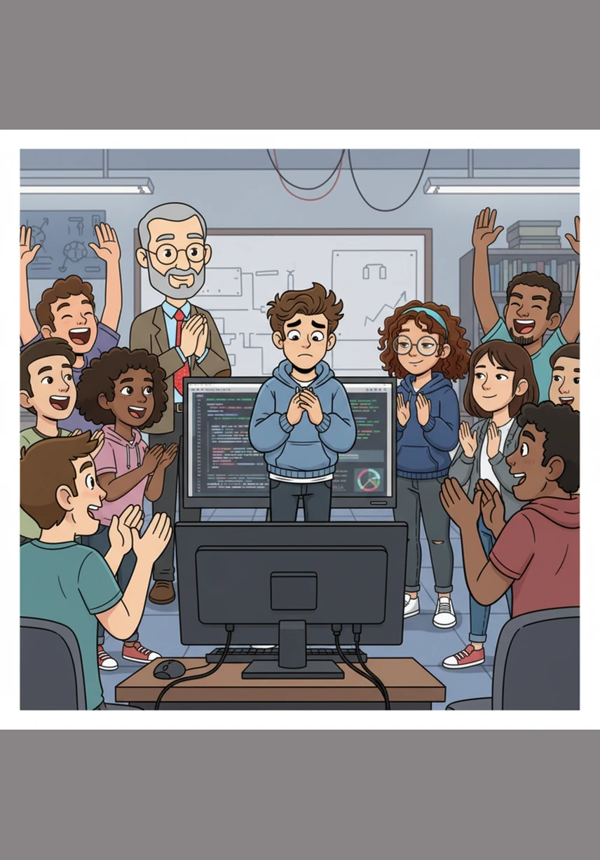 His classmates gathered around to cheer, and Maya gave him a tired, sincere smile for his professional-grade work. While everyone saw a genius, Caleb looked at his shaking hands and felt like a complete fraud.