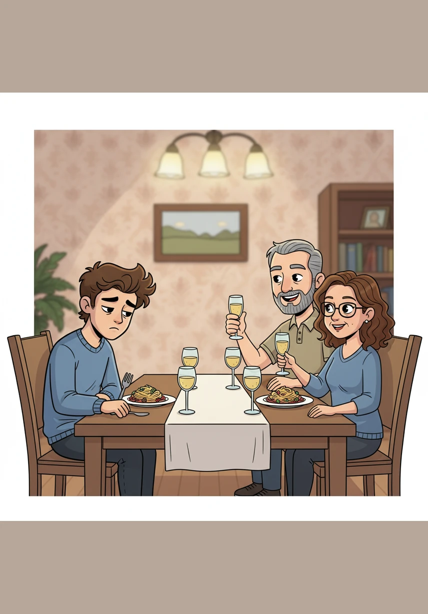 At a celebratory dinner with his parents, the clinking of silverware and proud toasts felt like noise Caleb couldn't process. He stared at his plate, realizing that keeping this secret meant carrying a lie into his entire future.