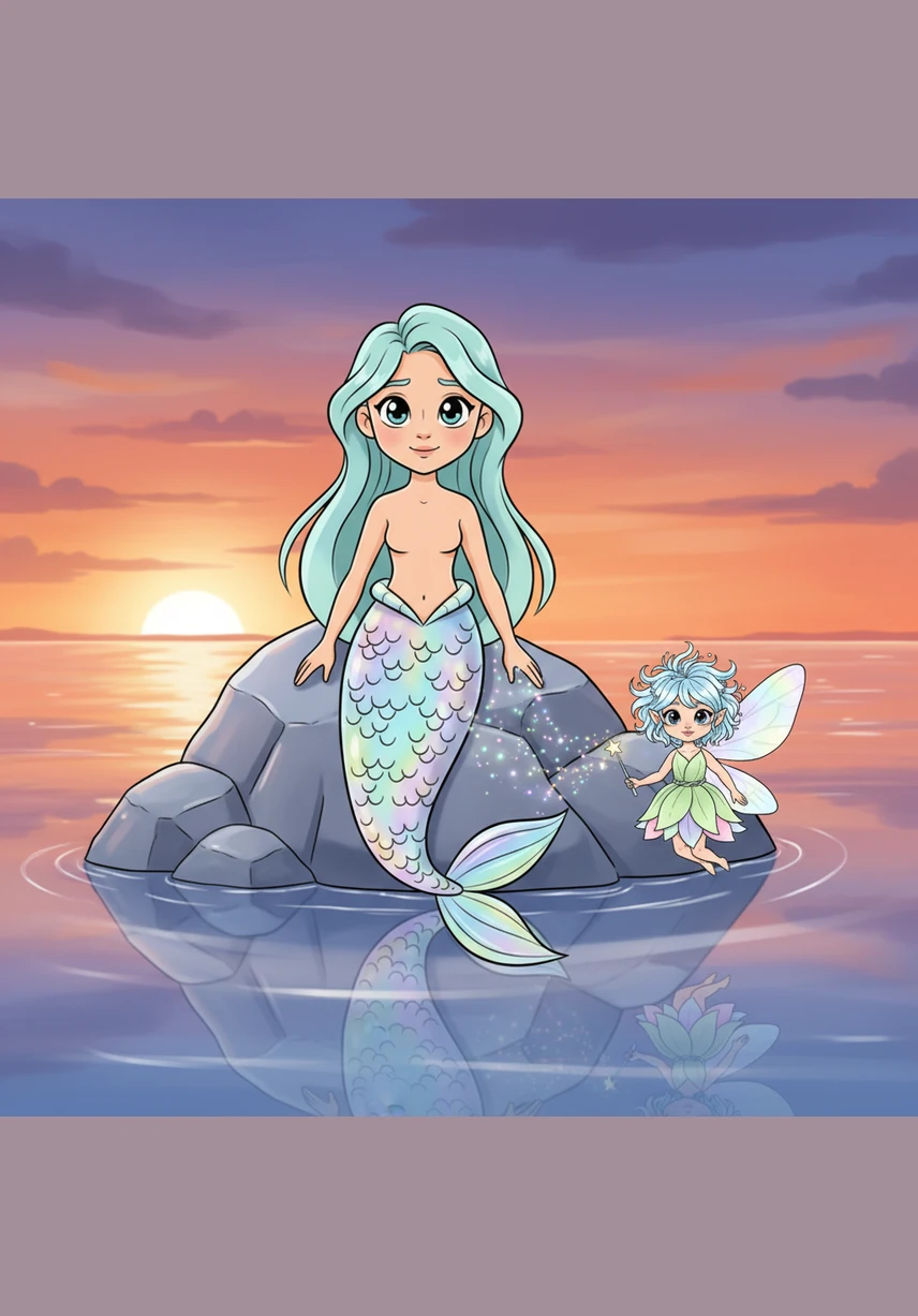 Marina the mermaid rests on a smooth silver rock as the sun dips below the horizon. Her iridescent tail shimmers in the fading light while she gazes at the first stars appearing in the sky.