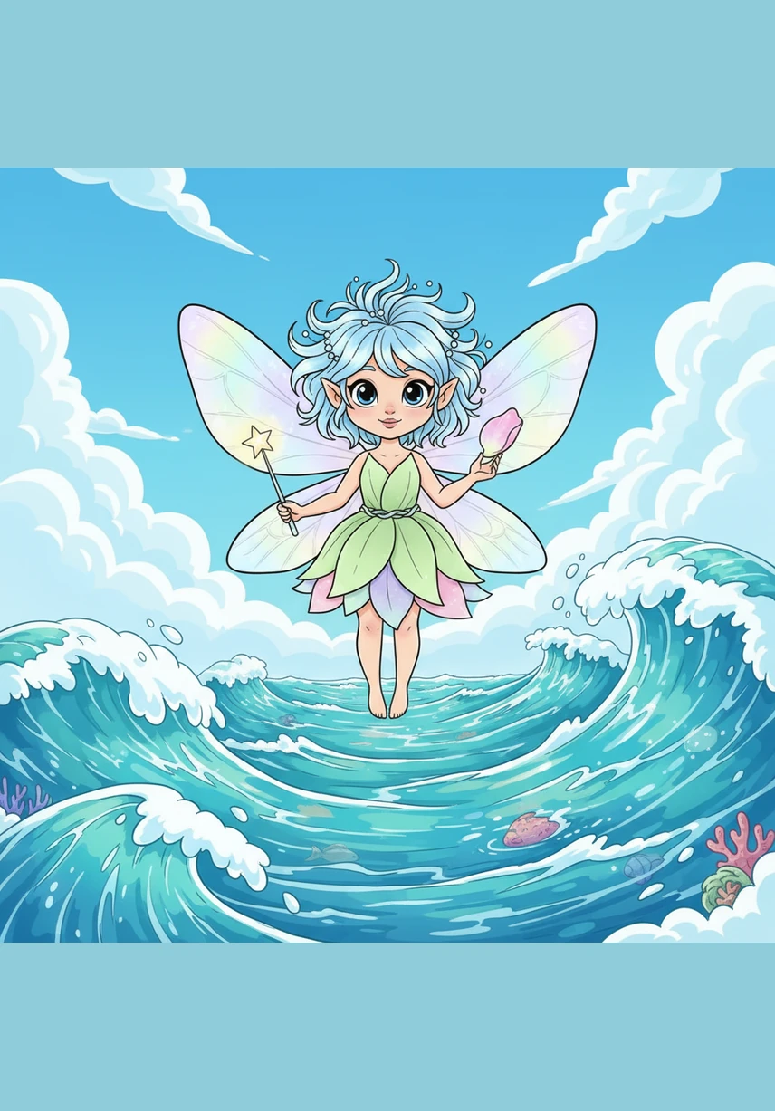 High above the waves, a tiny fairy named Pip flutters her translucent wings, searching for a place to rest. She is drawn toward the sparkling shore by a soft, melodic humming coming from the water.