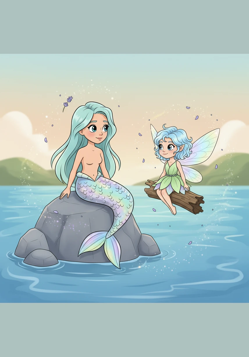 Pip lands gently on a piece of driftwood near Marina’s rock, and the two strangers share a shy, curious smile. The air is filled with the scent of salty sea spray and sweet meadow lavender.