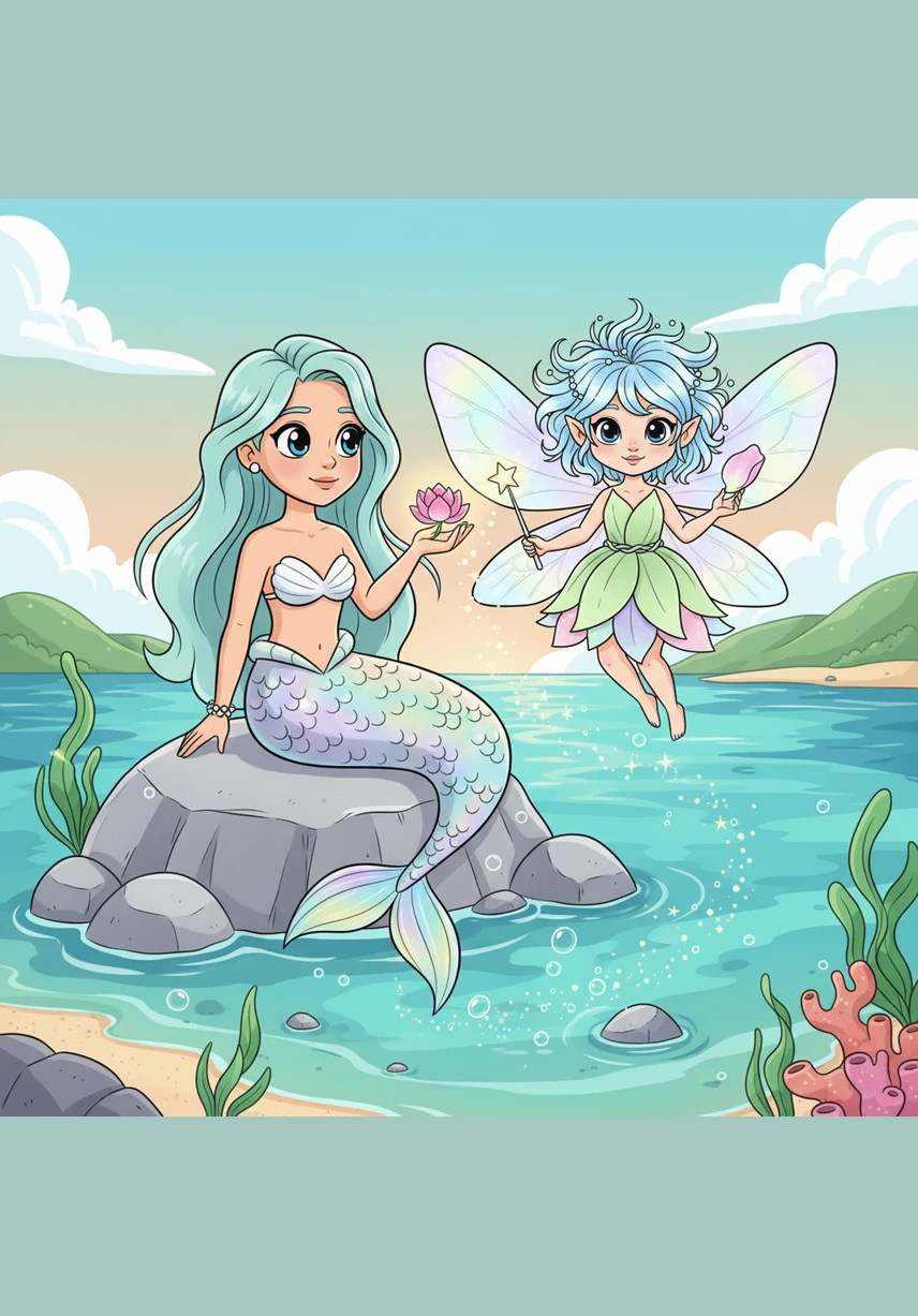 Marina dives into the shallow turquoise water, beckoning Pip to follow her along the shoreline. Beneath the surface, the mermaid points to glowing sea anemones that pulse like heartbeat lights in the dark.