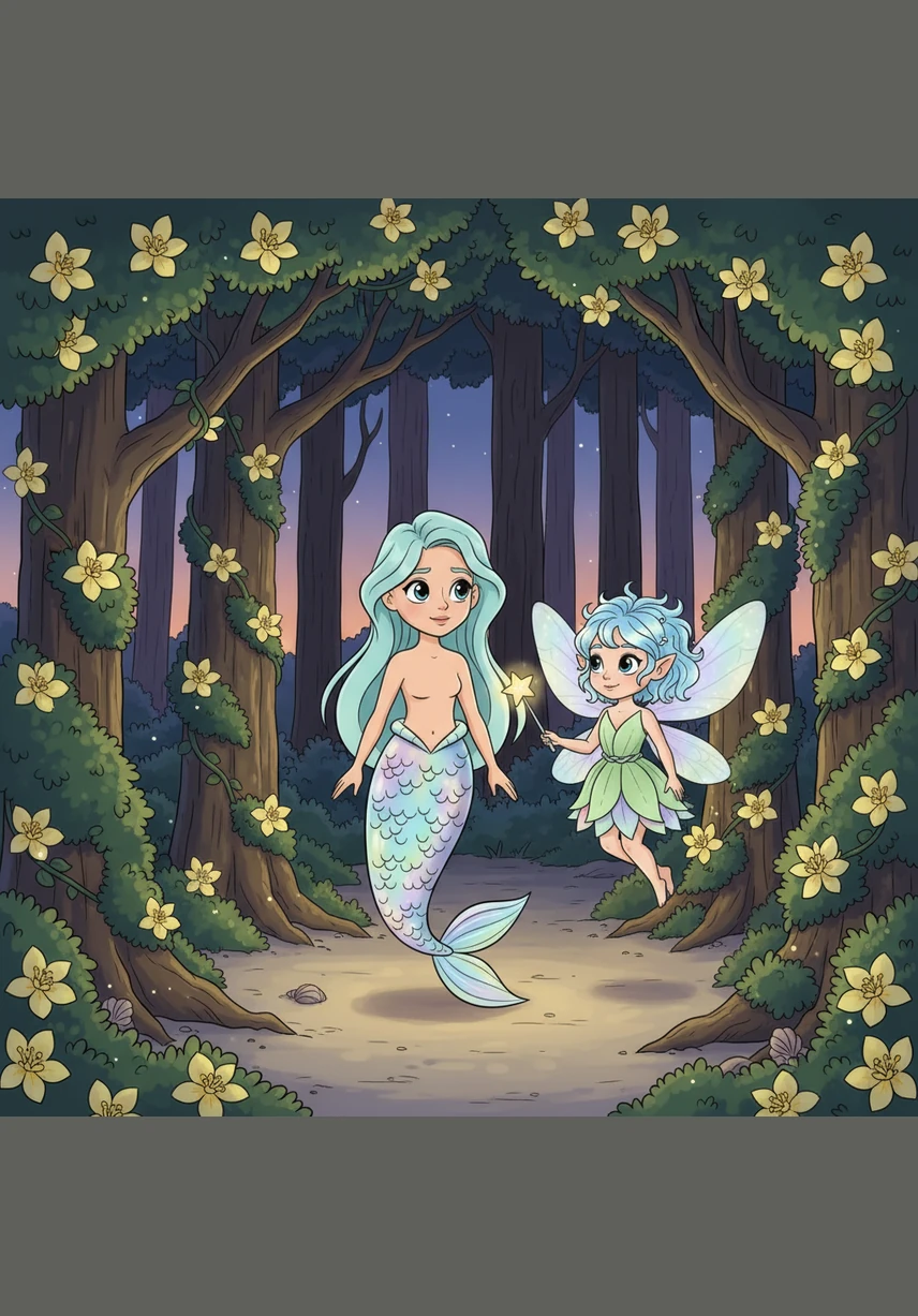 To return the favor, Pip leads Marina to the edge of the enchanted forest where the trees touch the sand. With a wave of her wand, Pip makes the night-blooming jasmine glow with a soft, golden radiance.