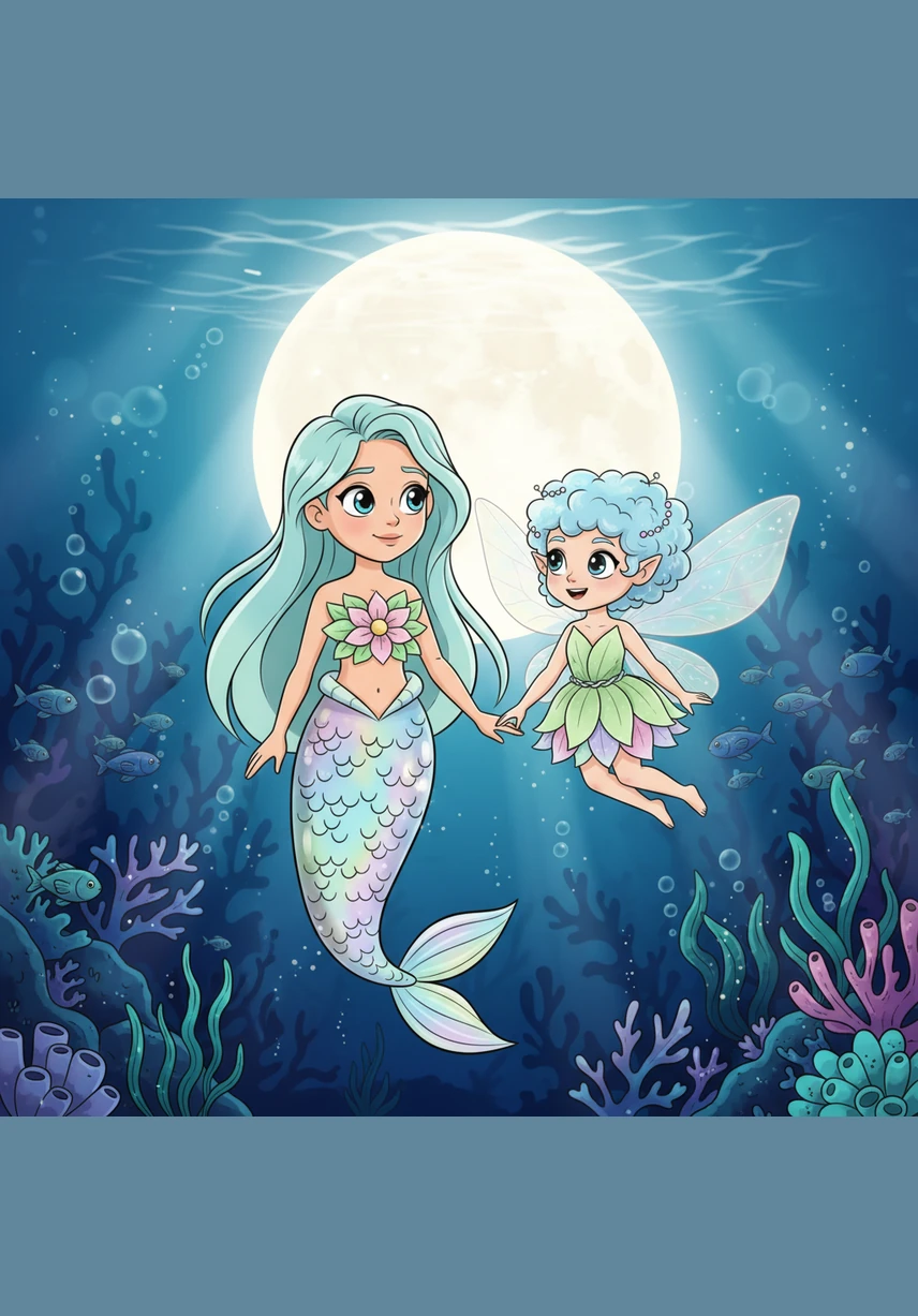 The two friends decide to create something magical to celebrate their new friendship under the full moon. Marina sings a deep, resonant melody while Pip sprinkles sparkling fairy dust over the cresting waves.