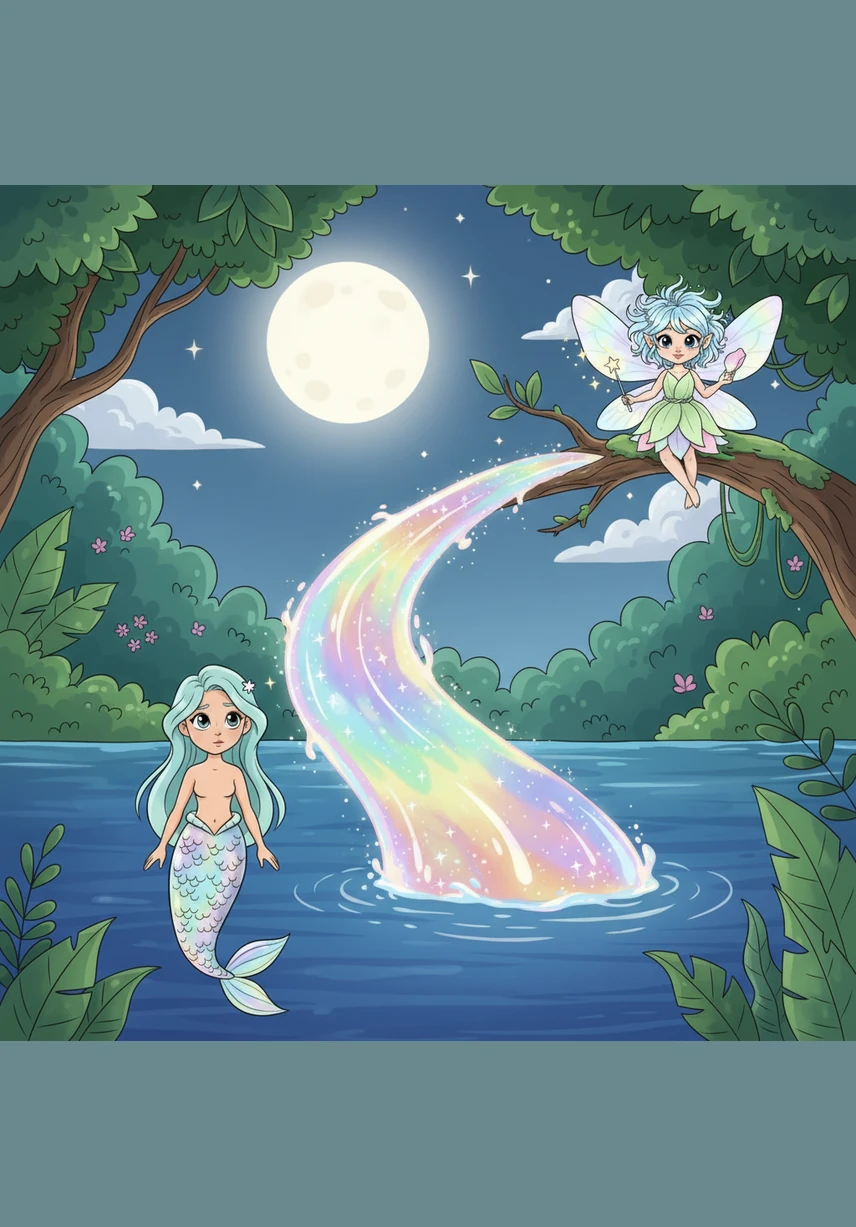 A bridge made of liquid moonlight and shimmering stardust begins to rise from the ocean to the forest canopy. It glows with every color of the rainbow, connecting the deep blue sea to the emerald woods.