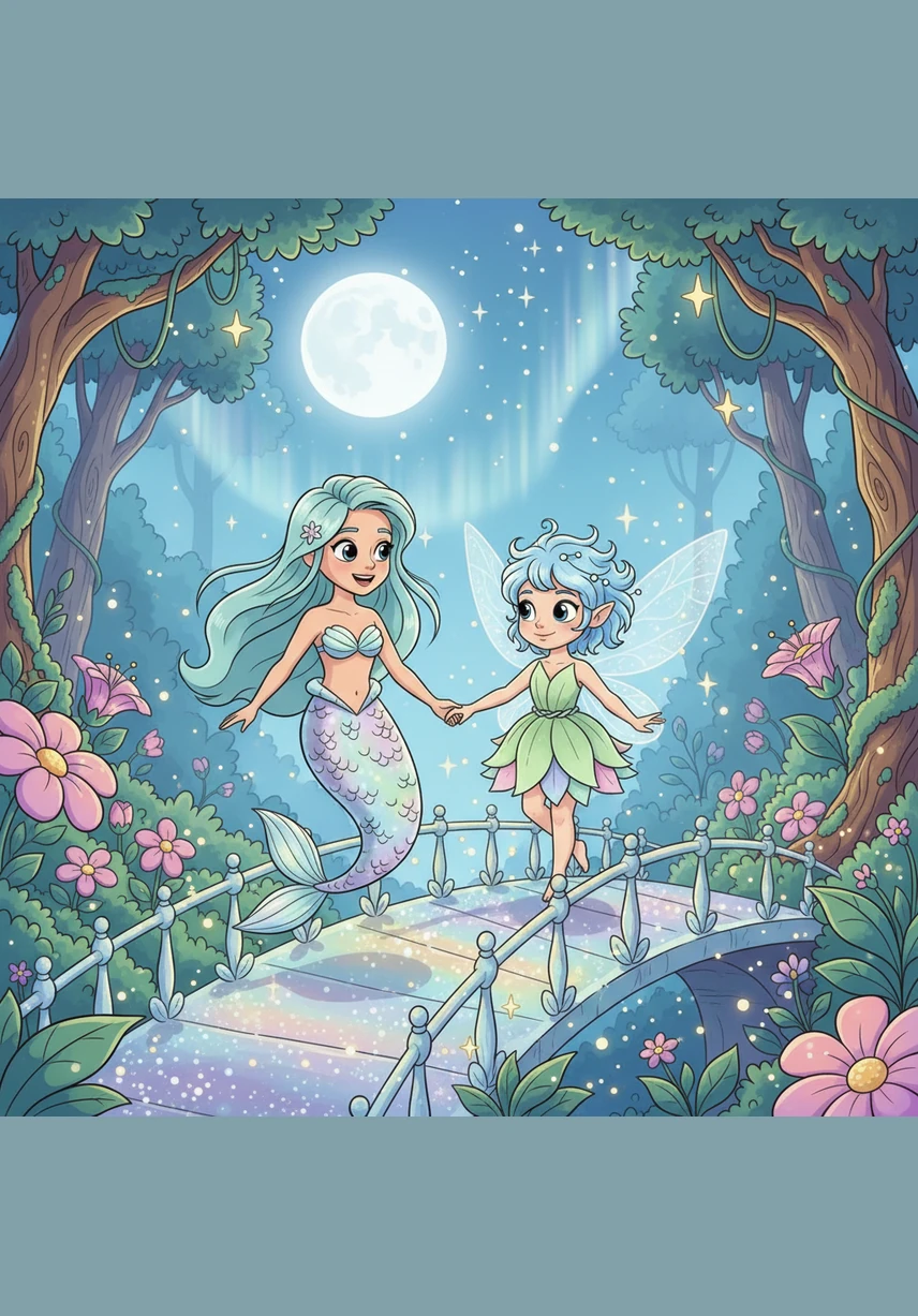 Hand in hand, the mermaid and the fairy dance across the shimmering bridge, floating between the water and the stars. Tiny fish leap from the waves and fireflies join them in a beautiful, silent ballet.