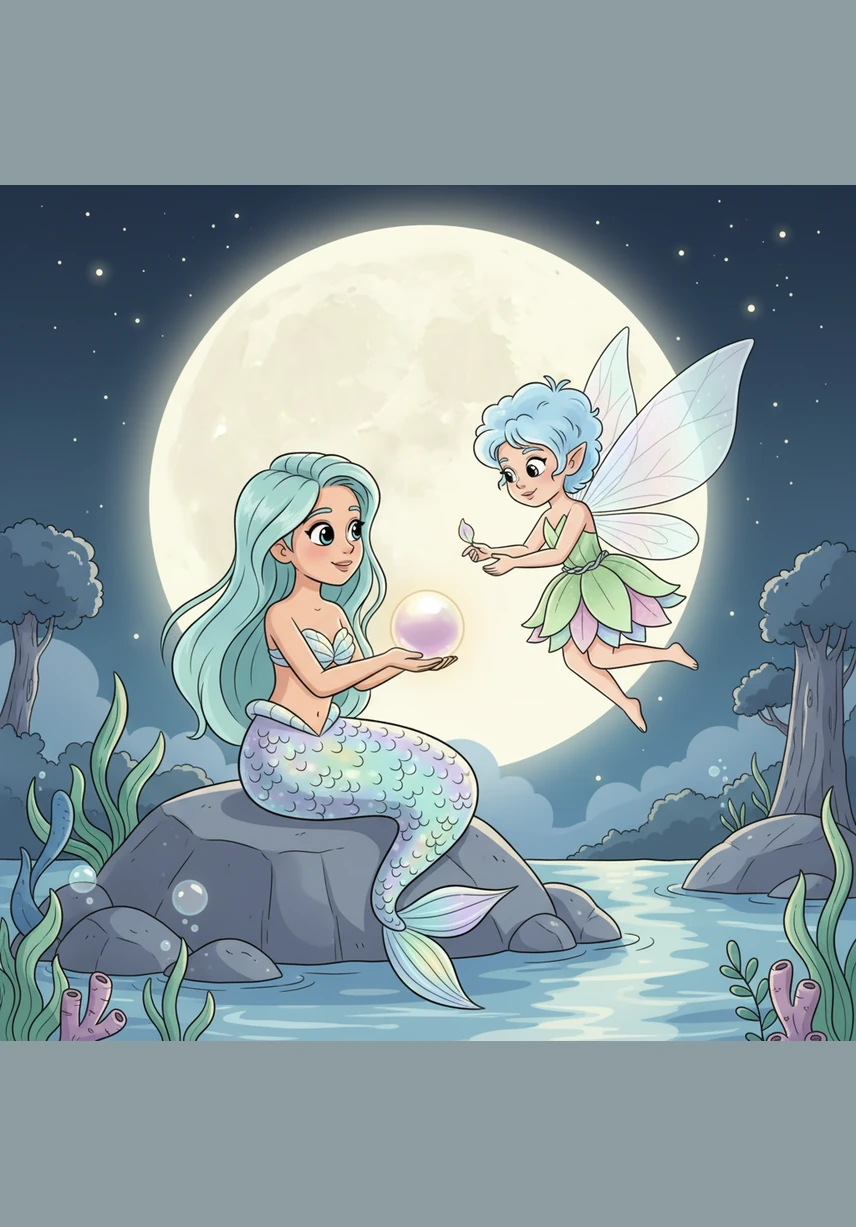 As the moon reaches its peak, Marina and Pip exchange gifts: a glowing pearl from the deep and a single petal that never fades. They promise to meet at this very spot whenever the moon is round and bright.