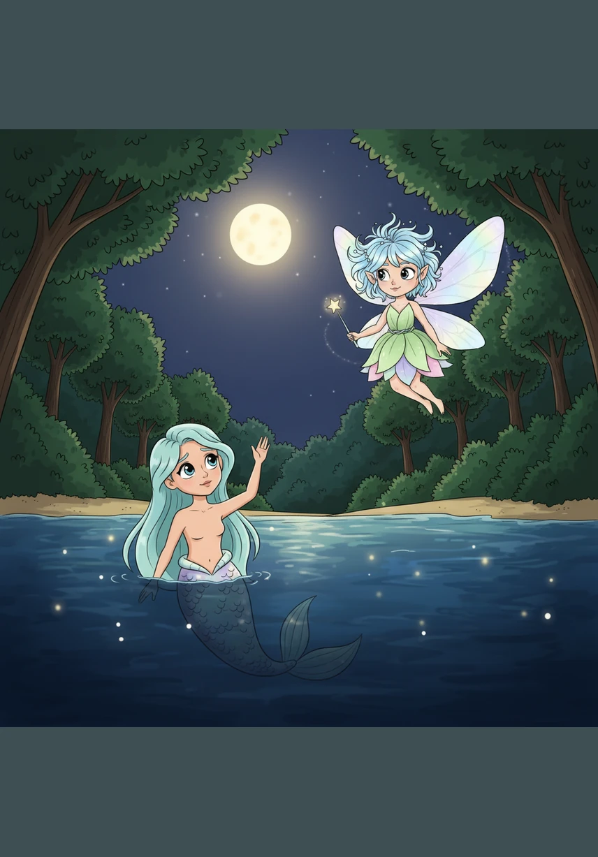 With a final wave, Marina slips back into the cool, dark depths of the ocean while Pip flies into the leafy safety of the trees. The beach falls silent, bathed in the peaceful glow of a perfect, magical night.