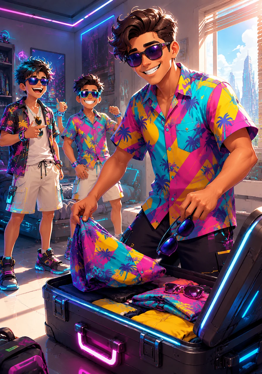 Marco stood in his sunlit bedroom, tossing colorful shirts and sunglasses into an open suitcase. His friends laughed in the background, their faces glowing with the excitement of their upcoming summer journey to America.