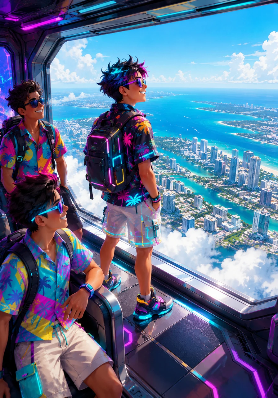 High above the clouds, Marco watched the deep blue of the ocean transform into the sparkling coastline of Florida. The city of Miami stretched out below him, a mosaic of white buildings and winding waterways under a clear, bright sky.
