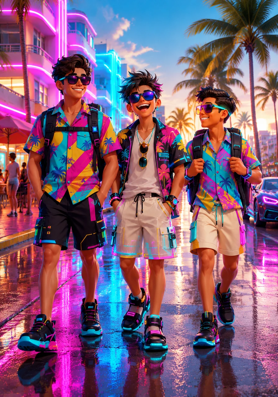 The heat of the Miami sun felt wonderful as Marco and his friends walked along the iconic Ocean Drive. Palm trees swayed in the warm breeze, and the bright neon colors of the Art Deco buildings welcomed them to the city.