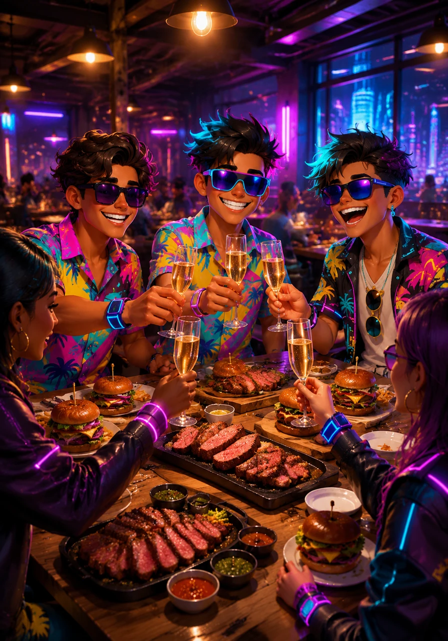 The group gathered around a large wooden table at a lively local restaurant to celebrate their journey. They feasted on thick hamburgers and sizzling plates of churrasco, raising glasses of bubbly champagne to toast their friendship.