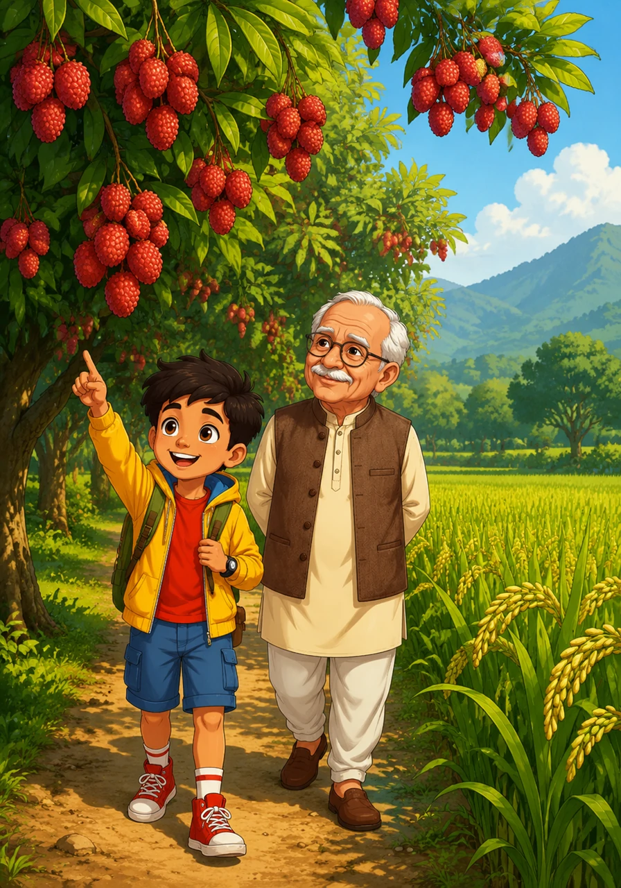 चलते-चलते कबीर को मीठी महक एक बाग की तरफ ले जाती है, जहाँ पेड़ों पर लाल-रसीली लीचियों के गुच्छे लटके हुए हैं। देहरादून की यह मशहूर लीची और खेतों में लहलहाते बासमती चावल के पौधे यहाँ की धरती का असली खजाना हैं।
