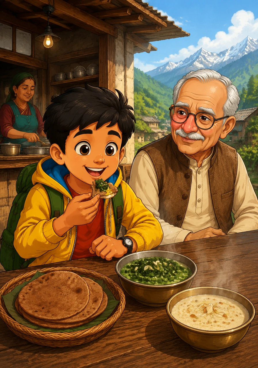 दोपहर की भूख मिटाने के लिए कबीर एक छोटी सी दुकान पर रुकता है जहाँ गरमा-गरम कंदली का साग, झंगोरे की खीर और मंडुए की रोटी परोसी जा रही है। गढ़वाली खाने का पहला निवाला लेते ही कबीर का चेहरा ख़ुशी से खिल उठता है।
