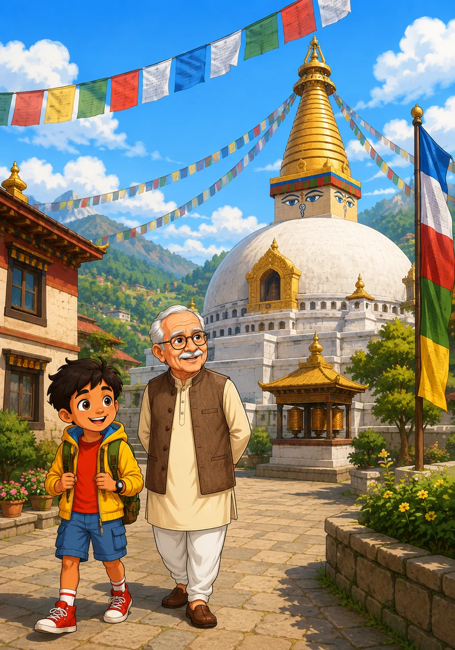 अपनी सैर को आगे बढ़ाते हुए वह माइंड्रोलिंग मोनेस्ट्री के शांत परिसर में कदम रखता है। यहाँ का विशाल स्तूप और हवा में लहराते बौद्ध प्रार्थना झंडे शहर की साझी संस्कृति और अमन का संदेश देते हैं।