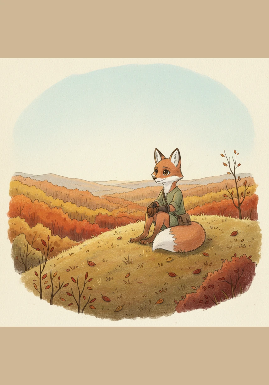 Finley the little fox sat all alone on a grassy hill, watching the autumn leaves dance in the wind. The park was filled with laughter, but Finley had no one to play with, and his heart felt a little heavy and quiet.