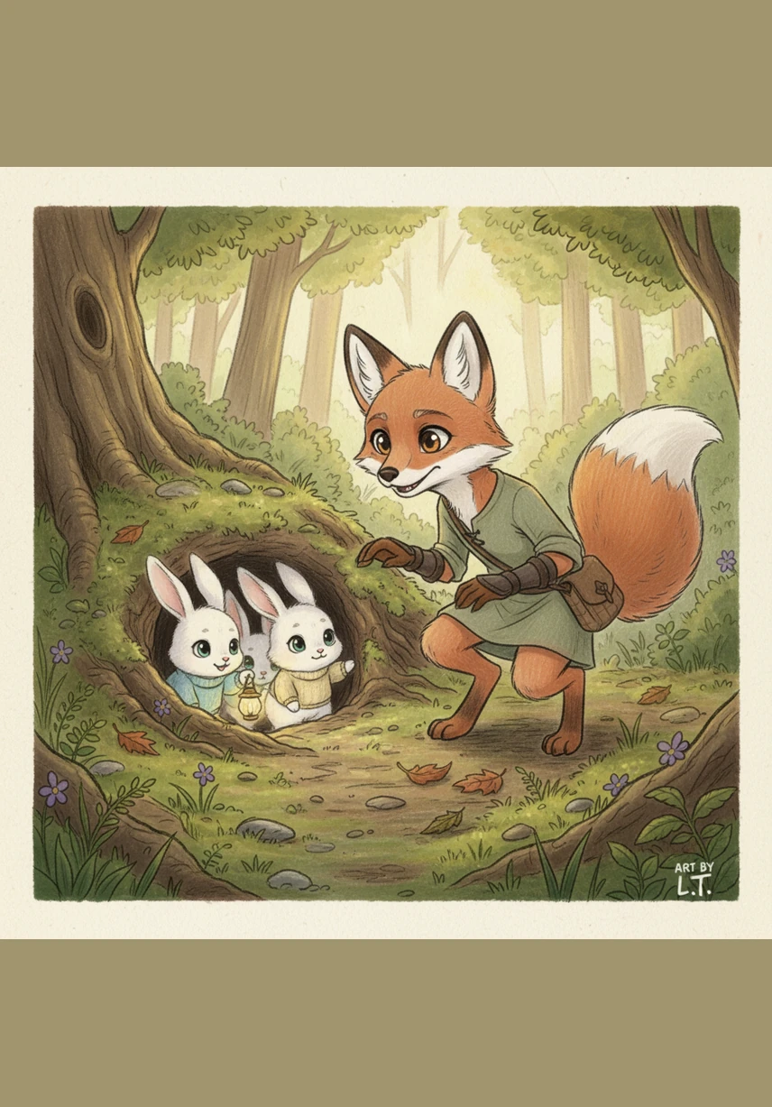Suddenly, a rustle came from the tall bushes nearby, catching Finley’s sharp ears and making him tilt his head in curiosity. He peeked through the colorful leaves and saw a pair of long, white ears trembling behind a patch of wildflowers.