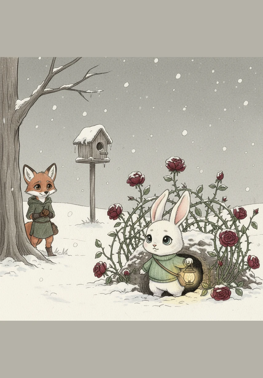 A tiny bunny with fur as white as a cloud stepped out, her nose twitching with worry and her paws tucked close to her chest. She looked around the big park with wide, teary eyes, feeling very small and very lost in the wide world.